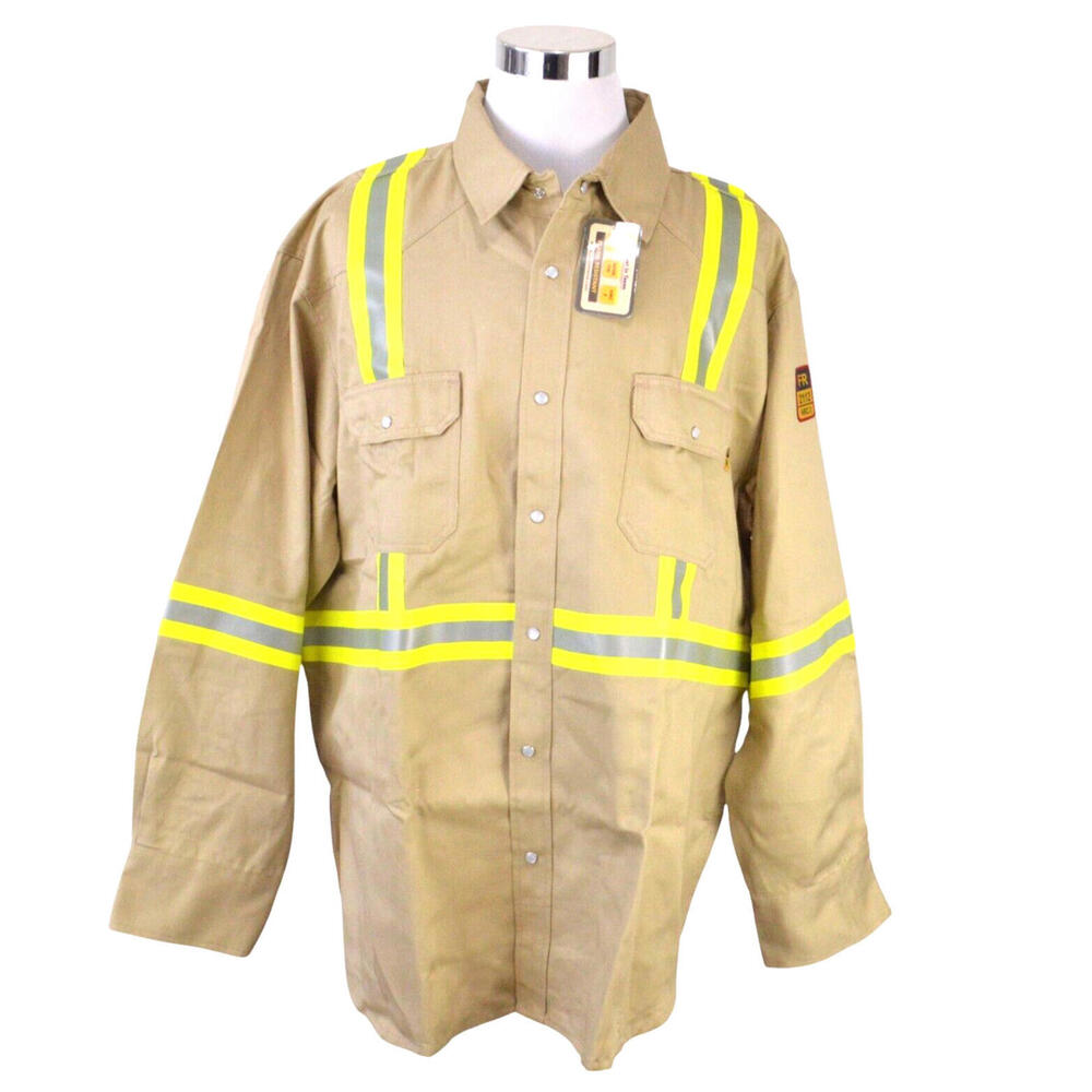 NEW Just In Trend Flame Resistant Shirt 3XL Beige Snap Buttons Hi Vis Reflective